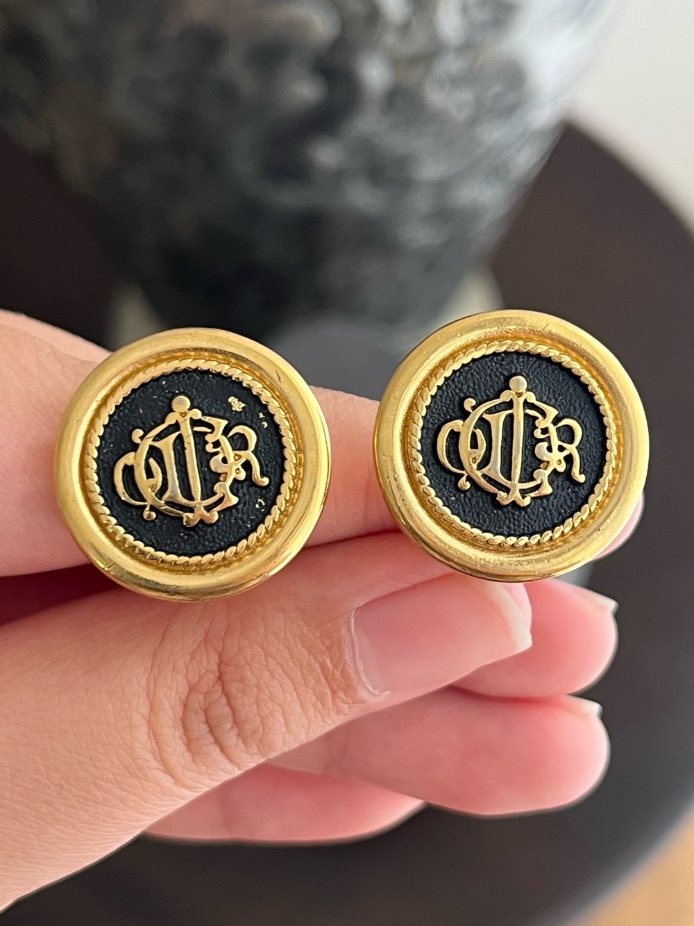 Authentic Vintage Dior Pumpkin Carriage Monogram Black Gold Round Clip Earrings